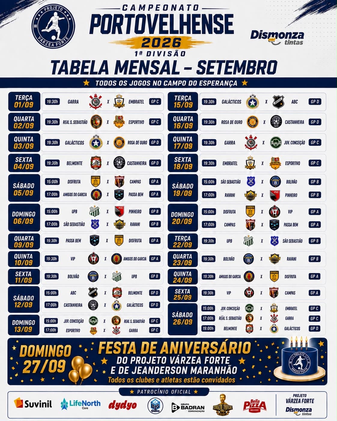 Tabela mensal dos jogos.